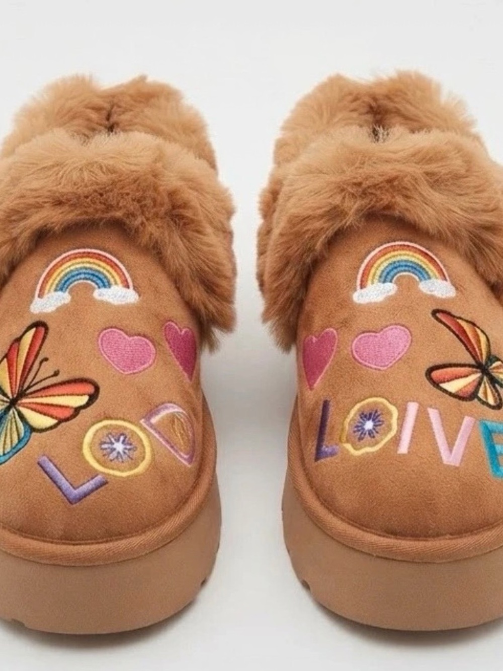 New BAMBOO Tan Women’s Fuzzy Clog Slippers with Rainbow, Hearts & Butterflies